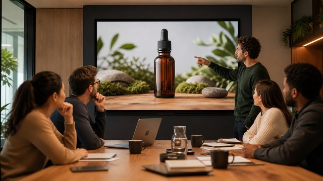 Marketing team reviewing a finished campaign video with its producer