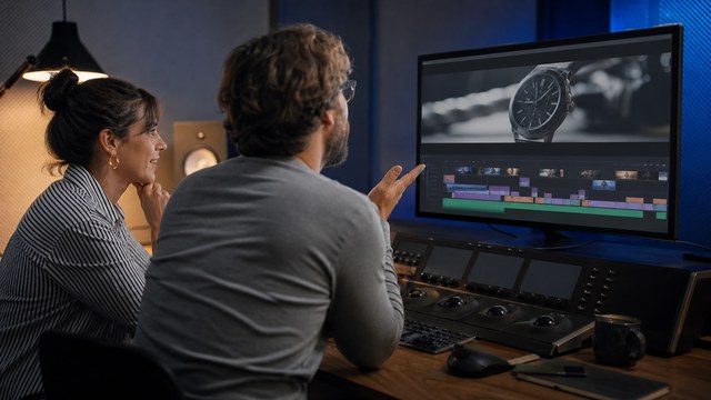 Editor and marketing client reviewing product video pacing