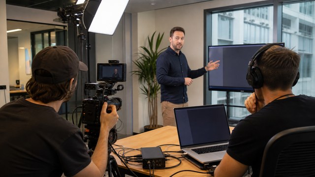 Lean professional crew filming and screen-capturing a business presentation