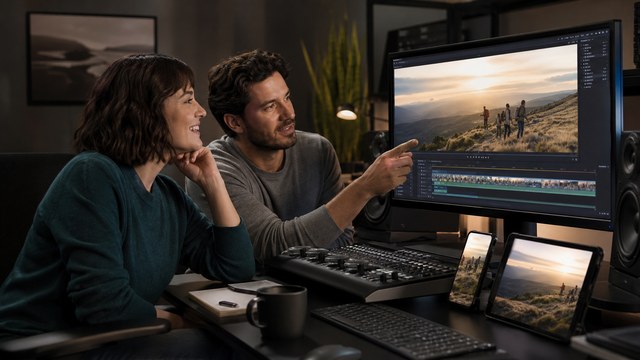 Business client and video producer reviewing multi-format video delivery