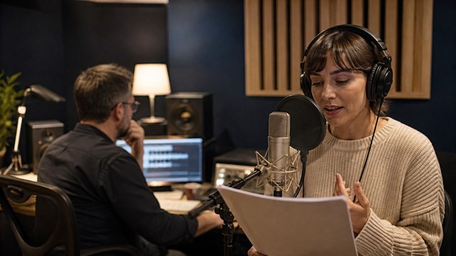 Voice artist and producer recording professional narration for a business video