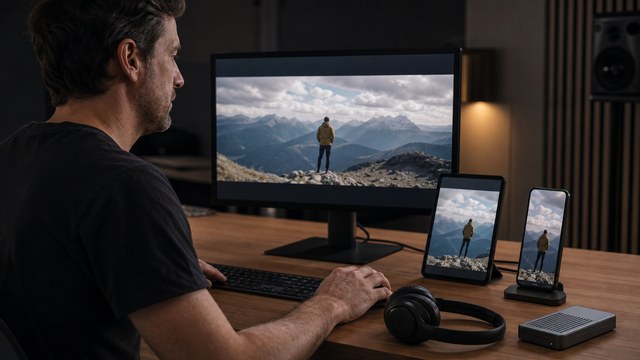 Video producer checking final deliverables across multiple devices