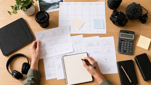 Overhead AI video budget and production planning workspace