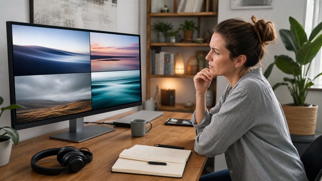 Small-business owner comparing AI-generated video takes