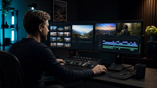 Professional editor combining filmed and generated business video assets