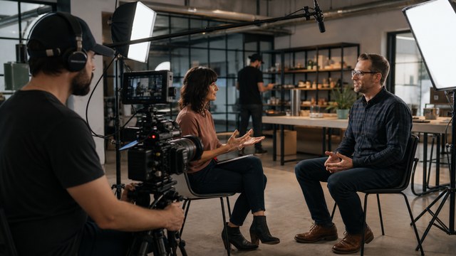 Lean professional crew filming a small-business interview
