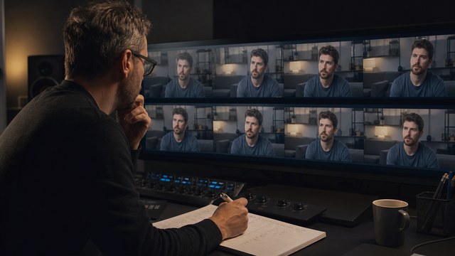 Professional editor diagnosing continuity problems in AI video frames