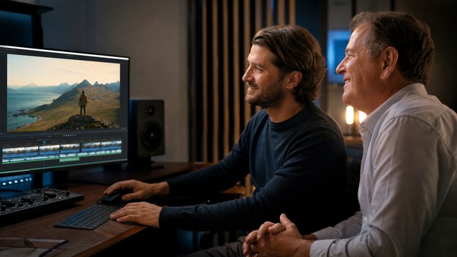 Client and professional editor reviewing a repaired final video
