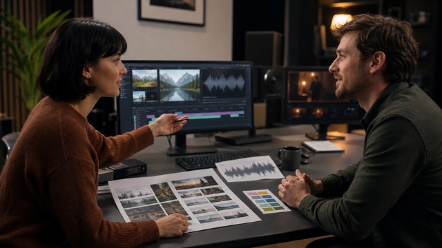 Client and editor organizing source material for an AI video repair