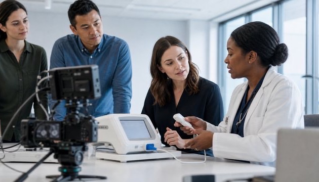 Medical product team reviewing a device and production setup before animation