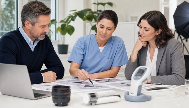 Healthcare product team reviewing medical device video production plans