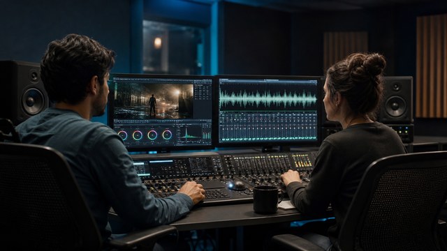 Colorist and sound editor finishing a business video together