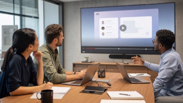 Product team comparing software tutorial revisions on a shared display
