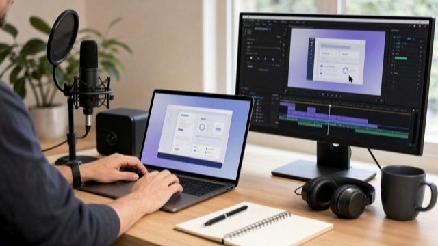 Software tutorial video editing timeline with screen capture