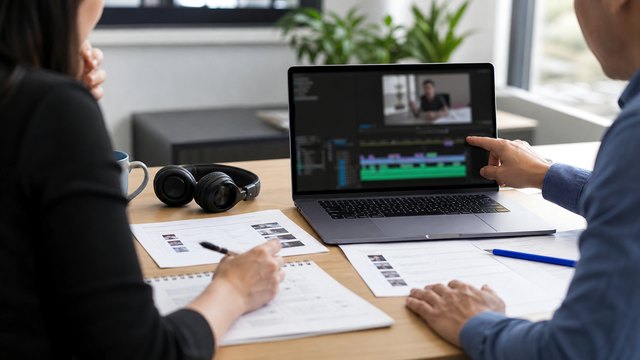 Software tutorial video review meeting with production notes