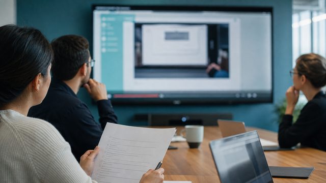 Team reviewing a software tutorial video before delivery