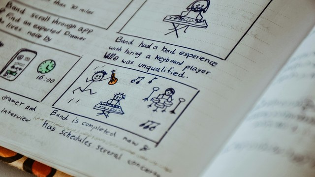 Software tutorial storyboard cards and planning notes on a table