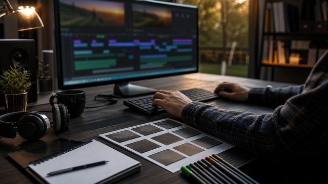 Editing desk with video timeline and thumbnail frame options