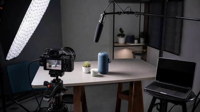 Camera microphone and lighting setup for a product video production
