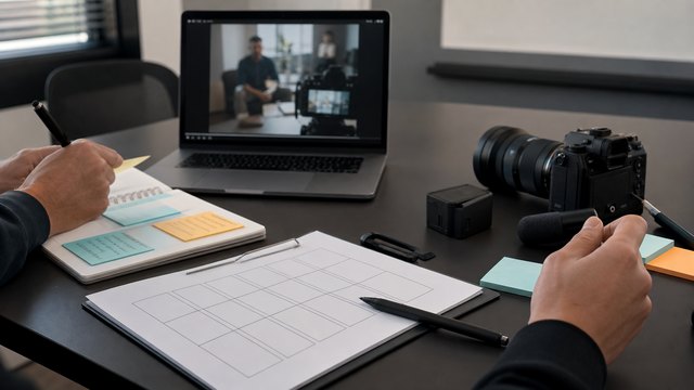 Video production review meeting with camera and planning notes