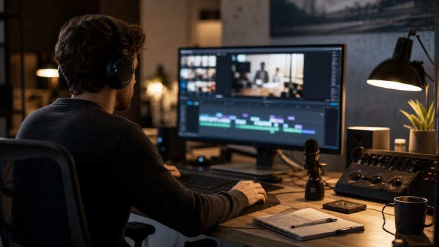 Editing workstation for a YouTube video with timeline voiceover and microphone