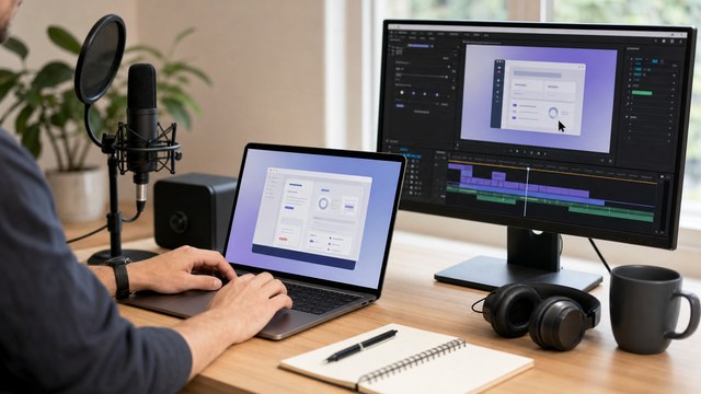 Editing workstation for a YouTube video with timeline voiceover and microphone