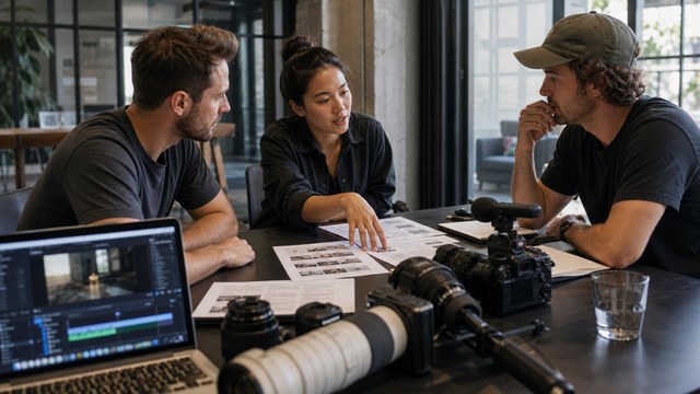 Video production team planning a YouTube content series in a studio workspace