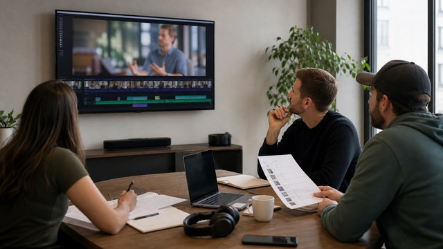 Team reviewing a YouTube video production draft on a conference room screen