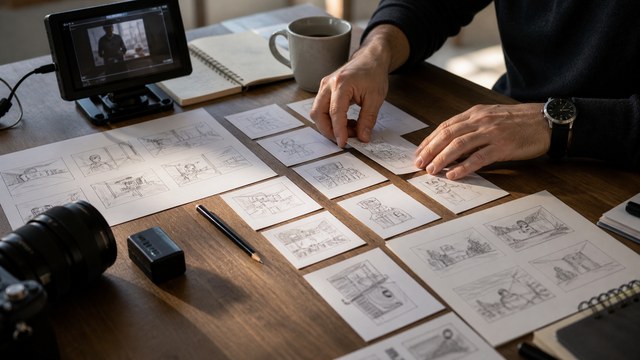 Storyboard cards and thumbnail concepts for a YouTube video production plan