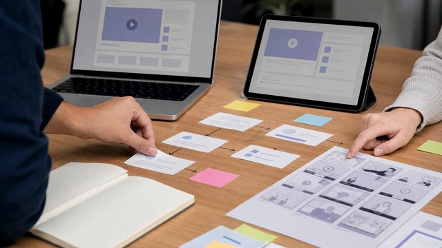 Storyboard cards and thumbnail concepts for a YouTube video production plan